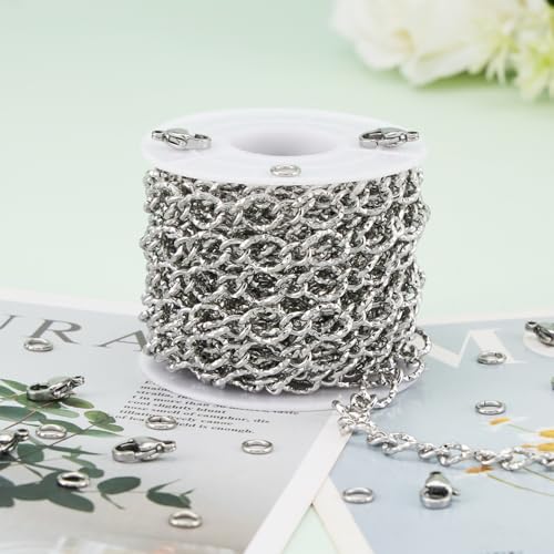 KYUNHOO 16.4 Feet Stainless Steel Jewelry Making Supplies for Men Women DIY Necklace Bracelet Crafts Silver Roll of Jewelry Rhombus Bulk Chain Links with Connectors for Handcraft Making - color: Twist Silver