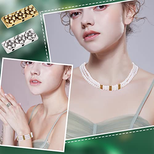 PH PandaHall 100pcs Tibetan Style Alloy Multi-Strand Links 3-Holes Rectangle Spacer Bar Metal Beads with Flower Tibetan Tila Beads for Summer Bracelet Necklace Jewelry Making