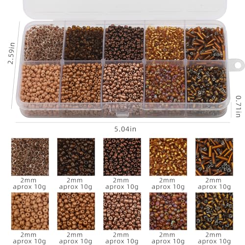 Approx 5000pcs 12/0 Glass Seed Beads for Jewelry Making, 2mm Mix 10 Colors Tube Beads Glass Bugle Beads Waist Beads Kit for Bracelets Necklaces Earrings DIY Supplies (Brown) - color: Brown