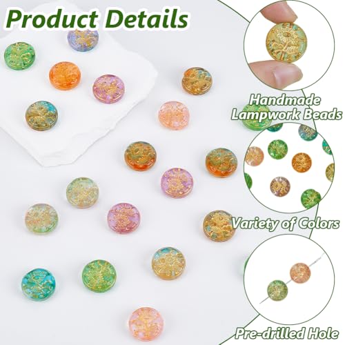 1 Box About 40Pcs Glass Flat Round Beads Metal Enlaced Flower Pink Green Transparent Bohemian Charm Golden Sunflower Paint Vintage Bead for Jewelry Making Bracelet Keychain Diy Craft Supply