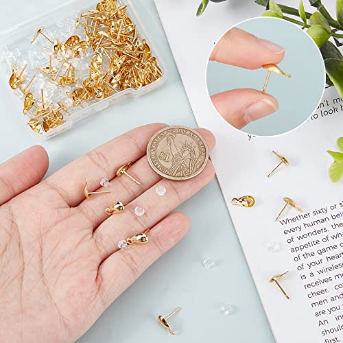 Beebeecraft 100Pcs/Box 18K Gold Plated Earring Findings Teardrop Posts Stud Earrings Components with Loop and 100Pcs Plastic Earring Backs for DIY Earring Jewelry Making - color: Gold
