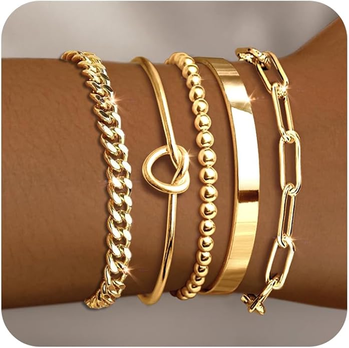 Gold Bracelets for Women 18k Gold Plated Bracelet Stack Bangle Cuff Bracelet Set for Women Non Tarnish Beaded/Paperclip/Cuban Link Chain Bracelets Jewelry for Women Trendy
