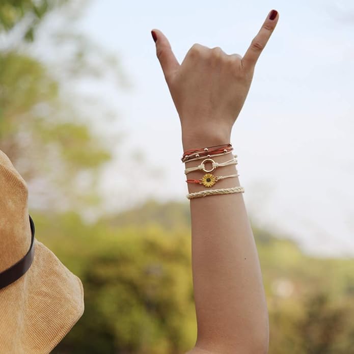 FANCY SHINY Sunflower String Bracelet Boho Braided Rope Wrap Bracelets Cute Summer Beach Surfer Jewelry for Women