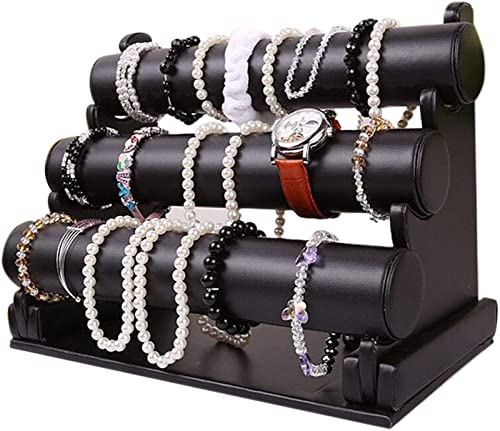 ChezMax Triple Tier Jewery Display Removable Bracelet Holder Jewelry Stand Necklace Stand Jewelry Towers and Watch Holder for Home Organization - color: A- Black PU Leather