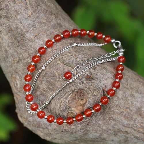 Peridot Stand Silver Gold Bracelets, Handmade Birthstone Stack Bracelet Crystal Gemstones Bead Chain Gift for Women, 8" - color: Red Agate