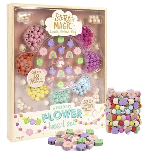 Story Magic Wooden Flower Bead Set, Over 300 Large Hole Wood Beads & Charms for Beading Bracelets, Bracelet Making Kit, Flower Bracelet Kit, Whimsical Bracelet Charms, Storage Tray Included, Ages 4+ - size: Large, style: Flower Bead Set