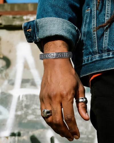 Stainless Steel Cuff Bracelet,Retro Gothic Punk Biker Cool Open Adjustable Cuff Bangle Bracelets Jewelry for Men Silver - style: Viking Runes