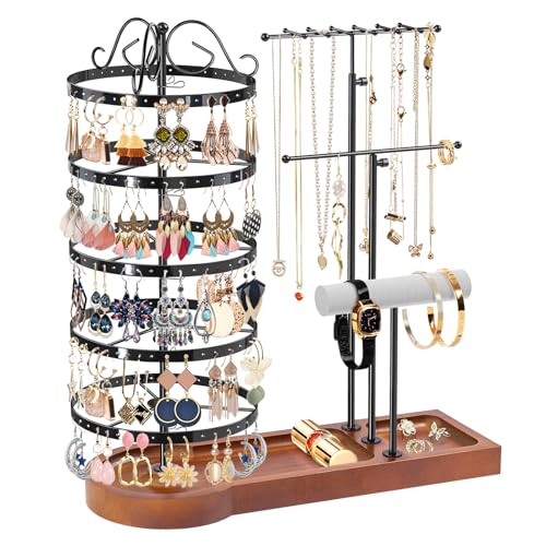 KALYLOC Jewelry Earring Holder Organizer, Adjustable 5 Tiers Rotating Earring Holder 3 Tier Necklace Holder with Wooden Base, Multi-Functional Jewelry Organizer Display Stand for Studs Bracelet Women - color: Black