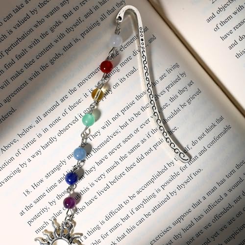Vintage Sunshing Pendant Metal Hook Bookmark with Natural Crystal Stones and Glass Bead Chain–Elegant Bookmarks for Women,Men,Book Lovers,Girls and Teachers(Chakela) - style: Chakela