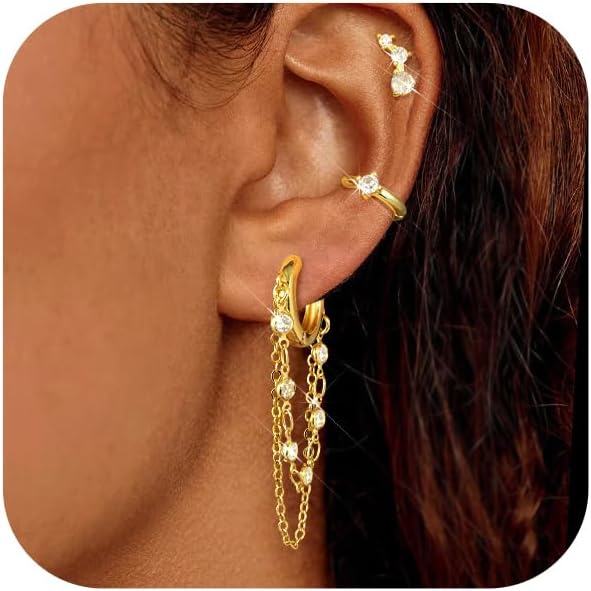 Tassel Chain Small Gold Hoop Dangle Earring For Women Huggie Earring Heart Star CZ 14K Gold Plated Fashion Jewelry Friendship Gift