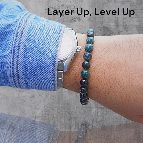 Black Obisidian Bracelets for Men 8" Inch Full Stretch Healing Crystal Bracelet, Beaded Charm Bracelet for Men Gifts Fathers Day Anniversary Birthday Gifts for Him - color: Black Obsidian & Jasper Bracelets