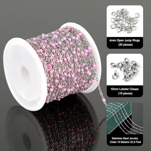UMAOKANG 10 Meters Stainless Steel Chain for Jewelry Making Pink Enamel Beaded Chains Bulk Women Necklace Bracelet DIY Jewelry Findings - color: Pink Bead-Steel