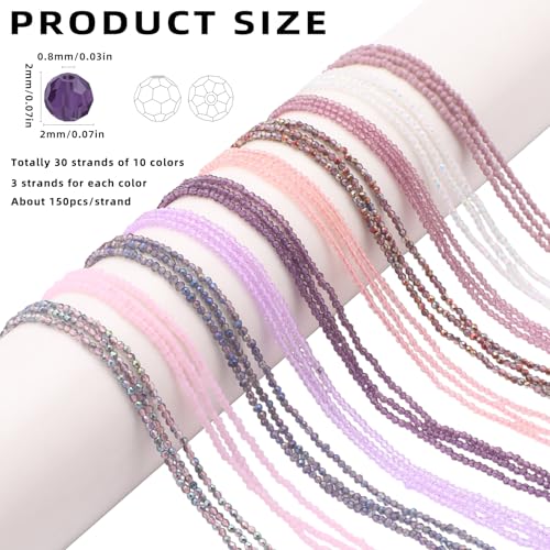 30 Strands 32 Faceted Glass Beads for Jewelry Making 4500pcs 2mm Miny Spacer Bead Round Small Craft Glass Beads for Bracelets Necklaces Earrings (Purple Series) - color: Purple