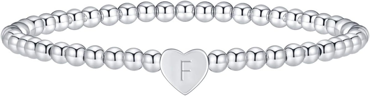 Valentines Day Gifts for Women Her - Dainty Beaded Heart Initial Bracelets Letter A-Z Charm Stretch Bead Ball Bracelet Trendy Jewelry Gifts