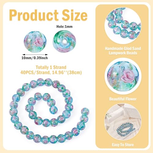 Cheriswelry 40Pcs/Strand Rose Flower Lampwork Beads 10mm Handmade Gold Sand Glass Beads Round Loose Spacer for DIY Bracelet Necklace Earring Rosary Jewelry Crafts (Pale Turquoise) - color: Pale Turquoise