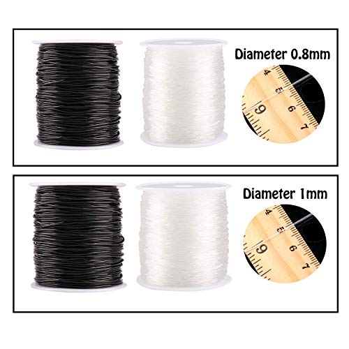 4 Rolls Clear Elastic Bracelet String, 0.8mm & 1mm, TuNan Crystal Stretchy Bead String Stretch Cord for Bracelets Beading Jewelry Making - Clear and Black (50/50/55/55 Yards)