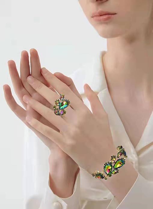 Women's Wedding Bridal Austrian Crystal Glass Teardrop Statement Necklace Dangle Earrings Bracelet Ring Wedding Party Jewelry Set for Bridal Bridesmaid