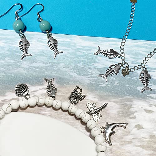 Heather's cf Silver Sea Charms – Antique Pendants, Non-Tarnish, Lead-Free & Nickel-Free, Bulk Ocean Animal Charms for DIY Jewelry, Bracelets, Necklaces, Earrings, Beach Craft Supplies (Sea Animals) - color: Fishbone - 140 Pc