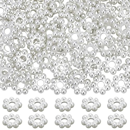 Beebeecraft 80Pcs 6mm Flower Spacer Beads 925 Sterling Silver Plated 304 Stainless Steel Loose Rondelle Granulated Spacer Beads for Jewelry Making Bracelet Necklace DIY Findings Supplies - color: Silver, size: 6mm