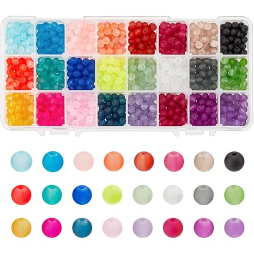 PH PandaHall 1560pcs 24 Color Frosted Glass Beads for Jewelry Making, 6mm Candy Color Frosty Beads Matte Loose Spacer Beads for Friendship Bracelets Necklace Earring Jewelry Making