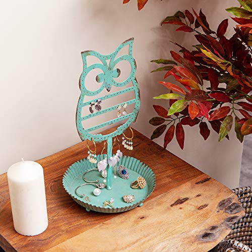 NIKKY HOME Earring Holder Stand Hanging Organizer Metal Jewelry Tree Cute Owl Ear Stud Holder Table Top Tower Rack with Ring Tray for Women Girls (134 Holes), Teal - color: Teal
