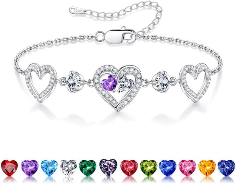 Iefil Valentines Day Gifts for Her - 925 Sterling Silver Heart Birthstone Bracelet Birthday Anniversary Jewelry Gifts for Her Wife