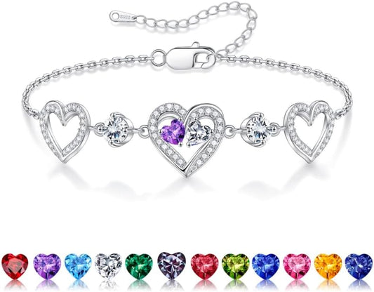 Iefil Valentines Day Gifts for Her - 925 Sterling Silver Heart Birthstone Bracelet Birthday Anniversary Jewelry Gifts for Her Wife