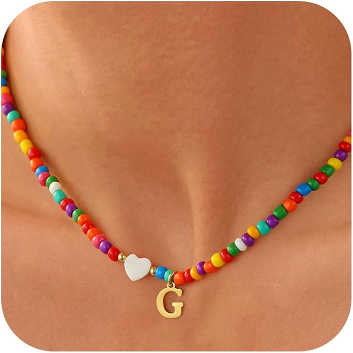 Valentines Day Gifts for Kids Women Girls - Colorful Beaded Initial Necklace Teen Girls Trendy Stuff Dainty Letter A-Z Choker Necklace Valentines Day Gifts for Her Mom Jewelry
