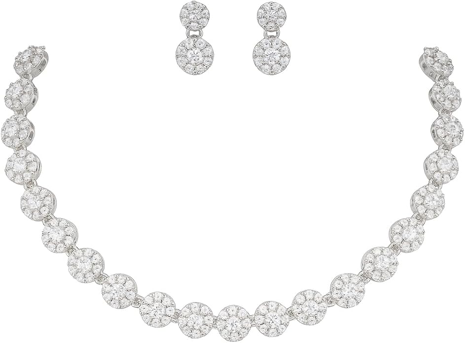 Nilu's Collection American Diamond Stone Studded | Rose Gold/Silver Plated | Anti Tarnish Jewellery Set for Women | Matching Earrings Perfect for Weddings and Special Occasions