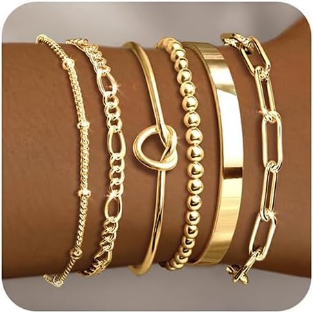 Gold Bracelets for Women 18k Gold Plated Bracelet Stack Bangle Cuff Bracelet Set for Women Non Tarnish Beaded/Paperclip/Cuban Link Chain Bracelets Jewelry for Women Trendy