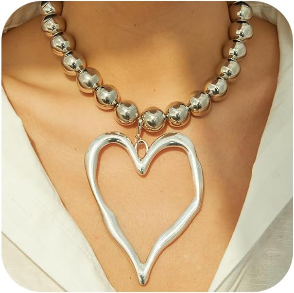 Unique Big Chunky Gold Heart Beads Necklace for Women, Charm Large Thick Hollow Love Heart Pendant Beaded Chain Choker Necklaces Party Y2K Jewelry Gift