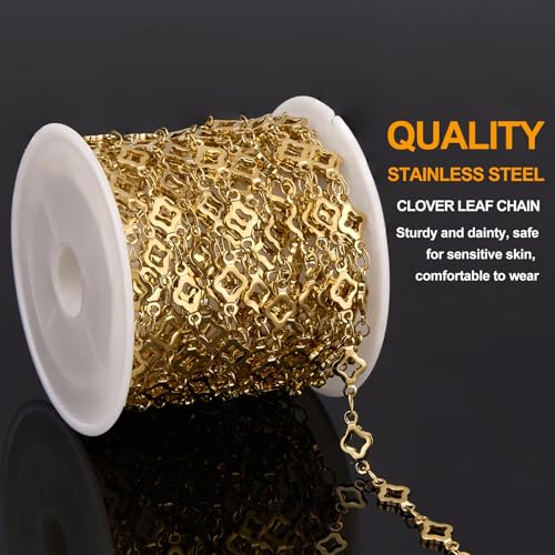 KYUNHOO 4 Meters Hollow Clover Leaf Jewelry Chain Roll Gold Plated Stainless Steel Chains for Jewelry Making with Lobster Clasps and Jump Rings for Necklace DIY - color: Leaf Clover Gold