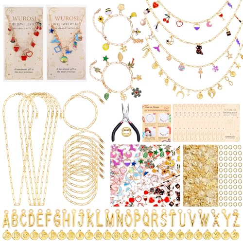 Wurosi 443 Pcs Gold Charm Bracelet Necklace Making Kit for Women, Including 8 Paperclip Chain Bracelets, 4 Paper Clip Chain Necklaces, Accessories for Jewelry Making, Crafts Beginner Supplies Gift - color: 443 Pcs Gold Bracelet Necklace