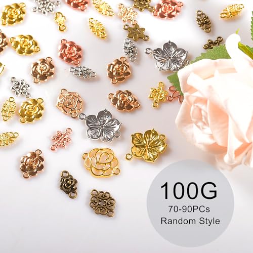stino 100g Metal Pendant Charms for Jewelry Making, Bulk Silver & Gold Plated Charms for Braclet Necklace Crafts, Animal Plant Flower Pet and so on - color: Flower-2 Hole Mixed Color