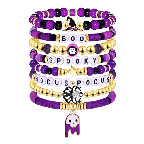 FAERLIIRY Halloween Bracelets for Women Preppy Heishi Bracelets HOCUS POCUS SPOOKY Letter Stack Vinyl Disc Beads Surfer Stretch Bracelet Halloween Cosplay Jewelry Gifts - style: SPOOKY BOO