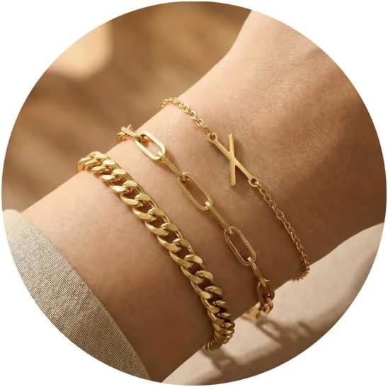 14K Gold Plated Bracelets for Women, A–Z Initial Charm Bangles Jewelry Set, Elegant Gold Accessories, Friendship Bracelet Gifts for Mom