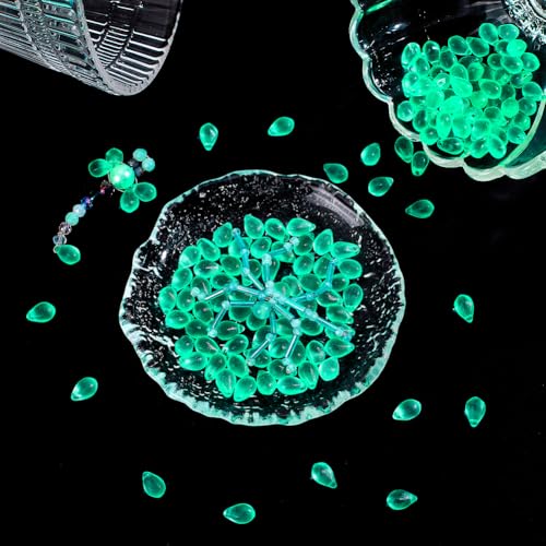 PH PandaHall 150Pcs Glow in The Dark Beads UV Glow Beads Fishing, 9x6mm Pale Turquoise Glass Teardrop Bead Frosted Bead Luminous Green Light in The Dark for Jewelry Making DIY Crafts