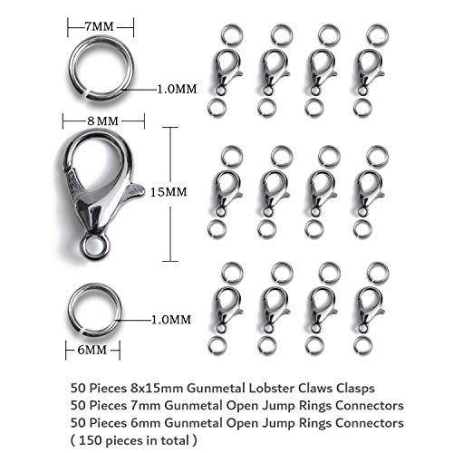 AD Beads 50 Pieces Lobster Claws Clasps Plus 100 Pieces 7mm Open Jump Rings Suitable for Necklace Bracelets Jewelry (8x15mm, Gunmetal) - color: Gunmetal, size: 8x15mm