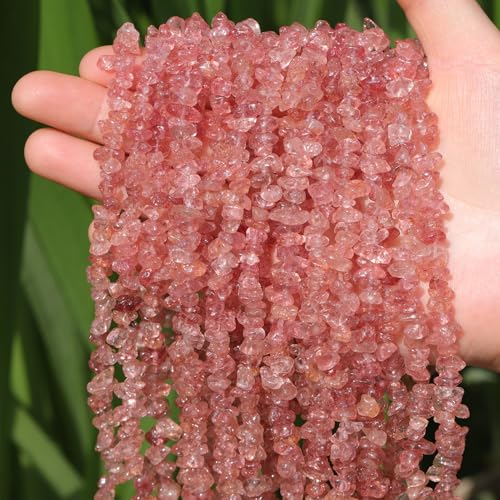 400pcs Natural Chip Stone Beads for Jewelry Making Strawberry Quartz 5-8mm Irregular Gemstones Healing Crystal Loose Rocks Bead Hole Drilled for Ring Earrings Necklace Bracelet Making DIY Art Crafts - color: Strawberry Quartz(2 Strands-62")