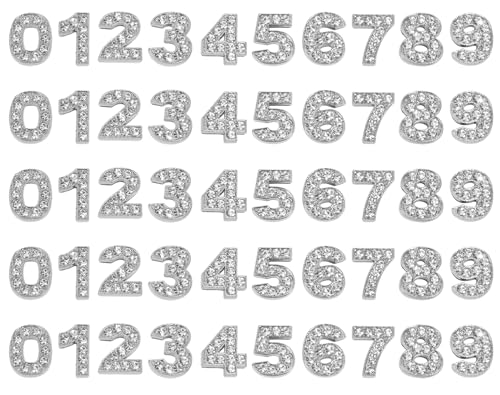 Shapenty 10mm Full Rhinestone 0-9 Number Slide Charms Spacer Beads for DIY Craft Bracelet Wristband Necklace Choker Keychain Hair Clip Jewelry Making, 50PCS - color: Silver