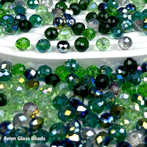 390pcs Glass Beads for Bracelets Making, 8mm Green Series Faceted Crystal Loose Bulk Beads for Earring Necklace Jewelry Crafts DIY Suncatchers - color: Green