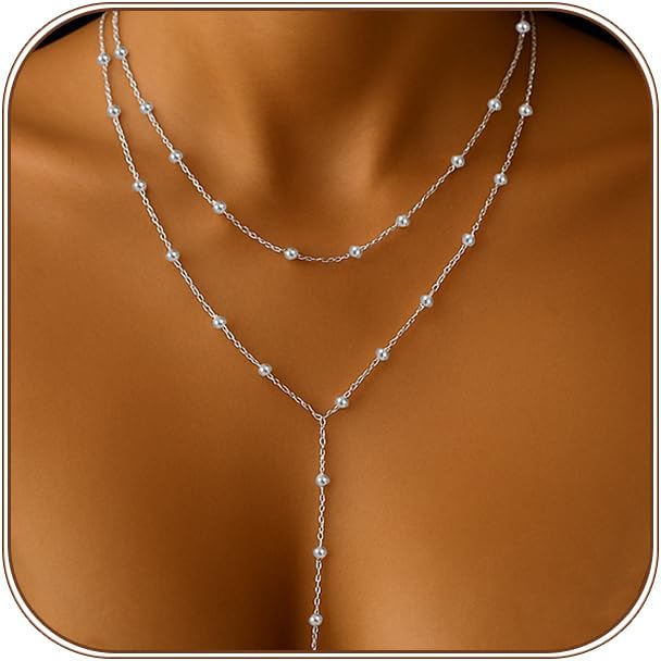 Lariat Gold Necklace for Women Dainty Long Necklace 14k Gold Plated/Silver Y-Shaped Pendant Drop Chain Trendy Layered Pearl/Beaded/CZ Necklaces Simple Gold Jewelry For Women Gift
