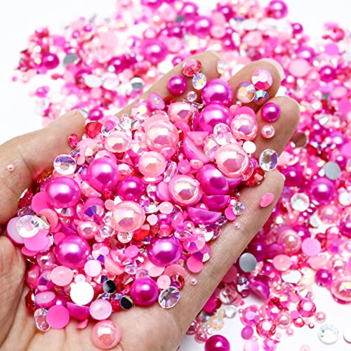 60g Mix Flatback Pearls and Rhinestones for Crafts, 2-10mm Pearl Nails Face Art Tumblers, Mix Pearls, with Picker Pen, Light Pink|Hot Pink|Clear - color: Pink Princess Blend | Mix Light Pink | Hot Pink | Clear