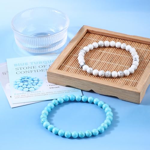 NCB 2.3-Piece 4mm Natural Crystal Gemstone Stretch Bracelets – Handmade Reiki Energy Healing Jewelry for Meditation,Yoga, Unisex - color: 2PCS ( Blue Turquoise+Howlite ), size: 6mm
