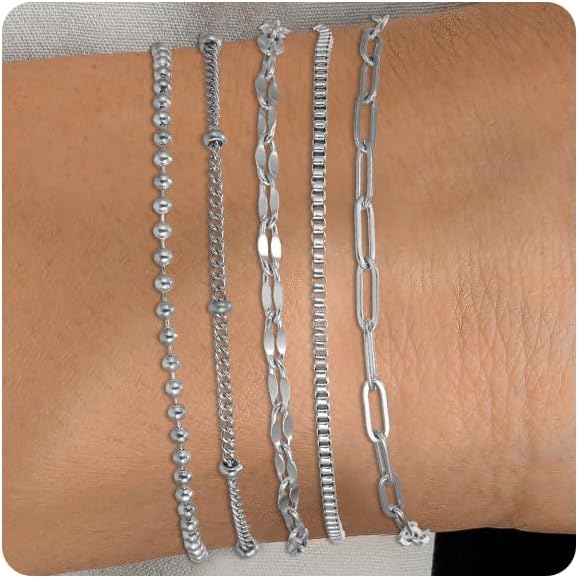 Silver and Gold Bracelets for Women Non Tarnish Waterproof Gold bracelet stack set, Adjustable 6.5"+2" Extender, Layered Bracelets for Women，Exquisite Jewelry Gift