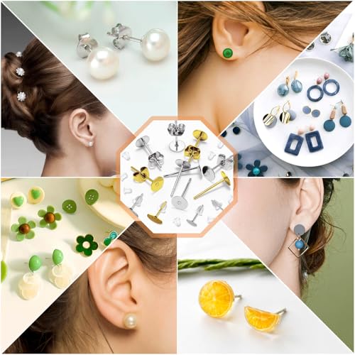 Hypoallergenic Earring Posts and Backs, Caffox 2000pcs Stud Earrings Making Kit with Ear Ring Base and Earring Backs for Leather Stud, Clay, Pearl Jewelry Making (Gold & Silver) - color: Gold & Silver