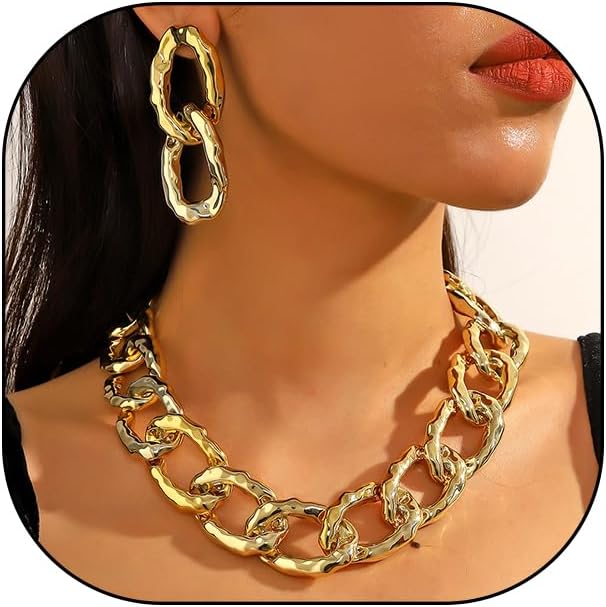 YOOESTORES82 Acrylic Gold Chunky Chain Necklace Earrings Set for Women,Punk Short Thick Wide Cuban Link Choker Necklaces Trendy Drop Dangle Earring Jewelry Set