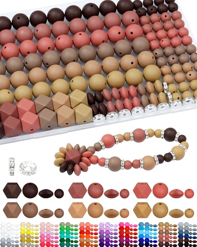 FIVEIZERO 172PCS Silicone Beads for Keychain Making, 6 Brown Shades | 4 Assorted Shapes, Includes Rhinestone Spacers, Premium Silicone, Easy to Clean, Durable and Flexible - color: brown