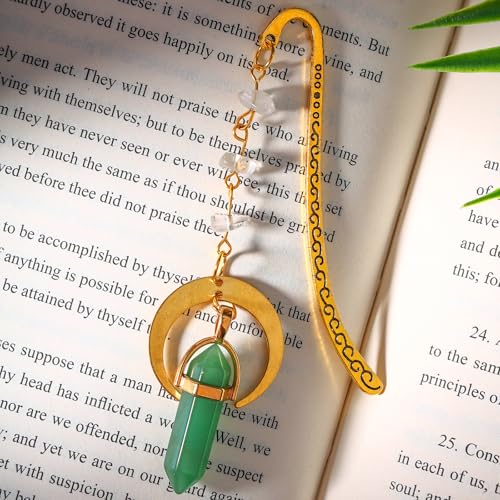 Vintage Metal Bookmark Pendant with Natural Crystal Stones Green Aventurine Bead Chain–Elegant Moon Bookmarks for Women,Men,Book Lovers,Teachers and Girls(Green Jade) - style: Green Jade