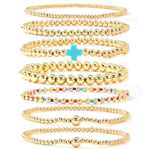 14K Gold Beaded Cross Beaded Bracelet Stack Set for Women,7PCS Bohemian Colorful Beads Ball Stretch Stackable Bracelets Trendy Holiday Birthday Gift - color: Blue